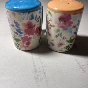 Vintage Old East Main Co  Floral Teal & Orange Ceramic Salt & Pepper Shakers